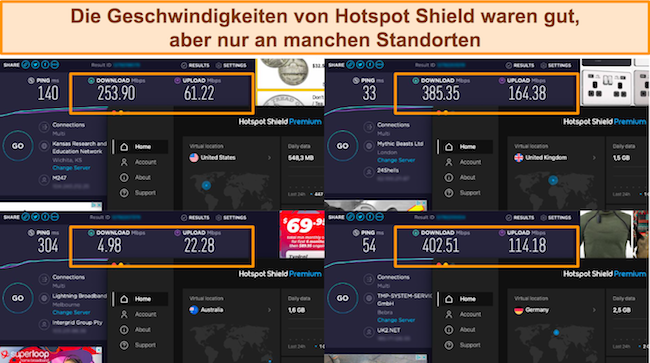 Screenshot von 4 Geschwindigkeitstests, während Hotspot Shield mit Servern in den USA, Großbritannien, Deutschland und Australien verbunden ist