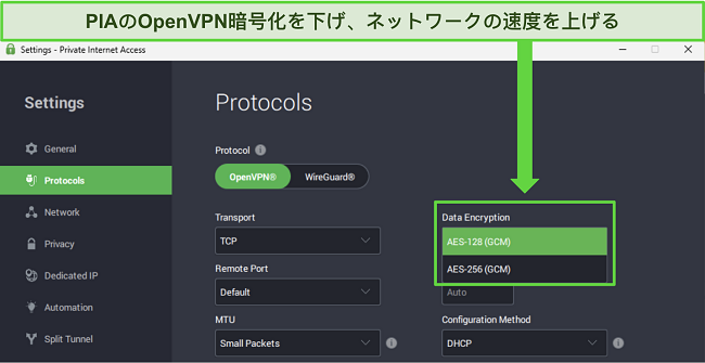 PIAのWindowsアプリの画像、ネットワーク速度を向上させることができるカスタマイズ可能な機能を示しています。