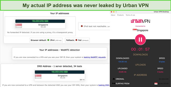 Screenshot of IP/DNS leak test on Urban VPN