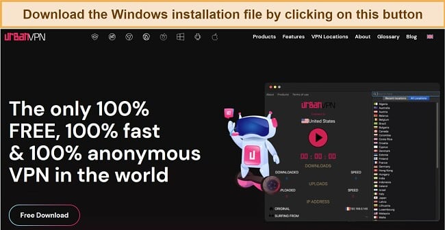 Screenshot of the Urban VPN download page for different platforms