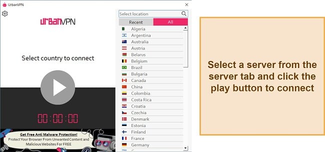 Screenshot of Urban VPN's sever and connection interface