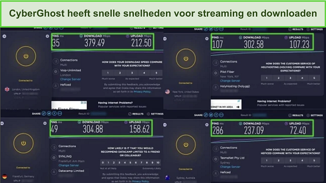 Screenshot van de snelheden van CyberGhost voor streaming en downloaden