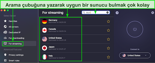 CyberGhost'un Mac uygulamasında akış için optimize edilmiş sunucular listesinin ekran görüntüsü