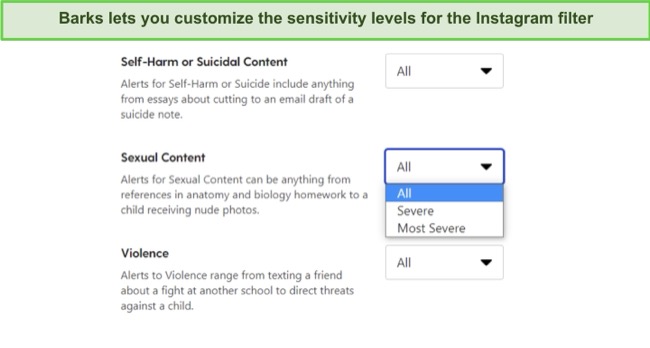 Adjust the sensitivity levels for each filter category to limit unnecessary alerts