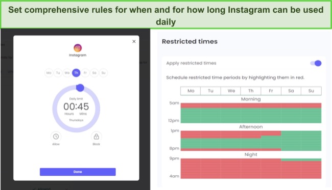 Qustodio has Instagram specific screen time limits and an easily customizable restriction calendar.