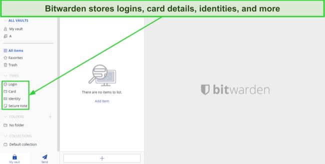 Screenshot showing the kind of information you can store in Bitwarden's vault