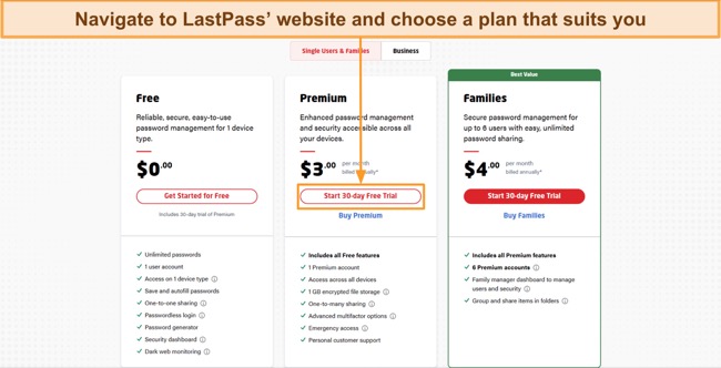 Screenshot showing how to choose a LastPass plan