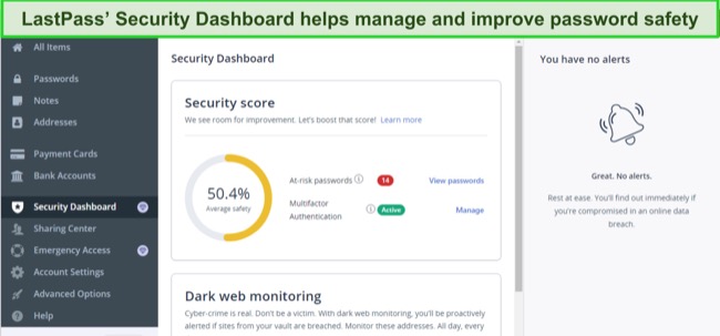 Screenshot showing LastPass' Security Dashboard