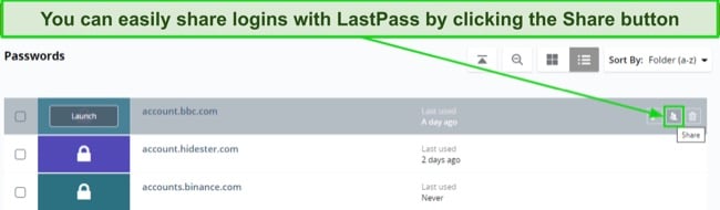 Screenshot showing how to share passwords with LastPass