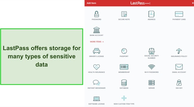 Screenshot showing the data types you can store in LastPass' vault