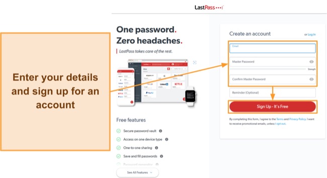 Screenshot showing how to sign up for a LastPass plan