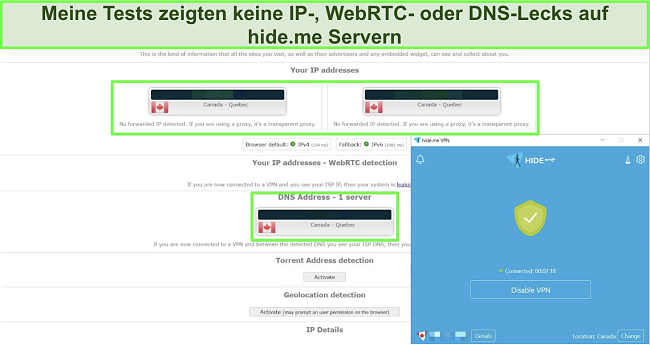 Screenshot von IP- und DNS-Lecktests auf einem hide.me-Server