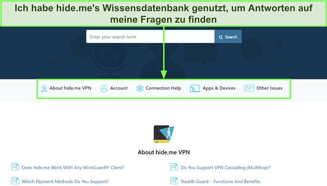 Screenshot der Wissensdatenbank-Seite von hide.me