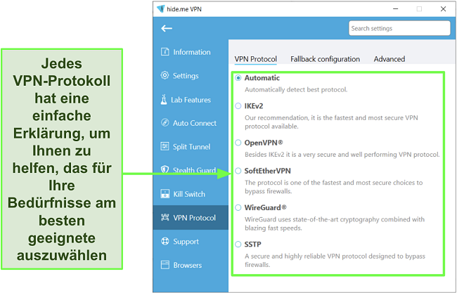 Screenshot der VPN-Protokolliste von hide.me