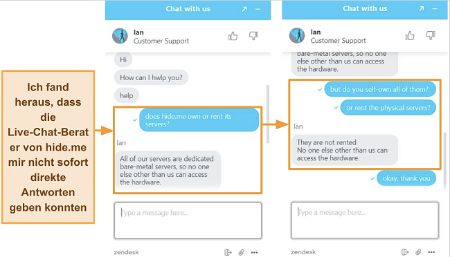 Screenshots eines Live-Chat-Gesprächs mit einem hide.me-Agenten
