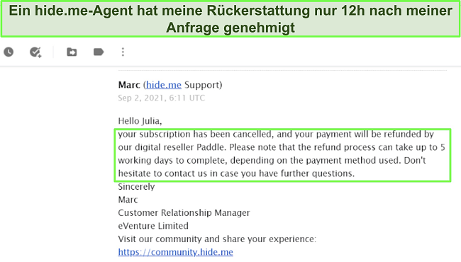 Screenshot einer E-Mail, die eine Rückerstattung von hide.me bestätigt