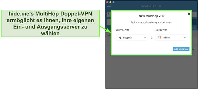 Screenshot der Erstellung einer Multihop Doppel-VPN Verbindung in hide.me's MacOS App