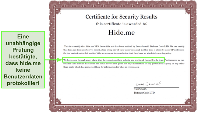 Screenshot des Sicherheitszertifikats, das hide.me für seine No-Logging-Richtlinie verliehen wurde