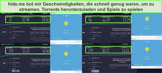 Screenshots von Geschwindigkeitstests, die auf 4 hide.me Servern durchgeführt wurden