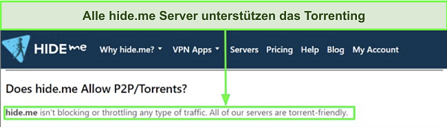 Screenshot von hide.mes FAQ, die bestätigen, dass der VPN Torrenting unterstützt