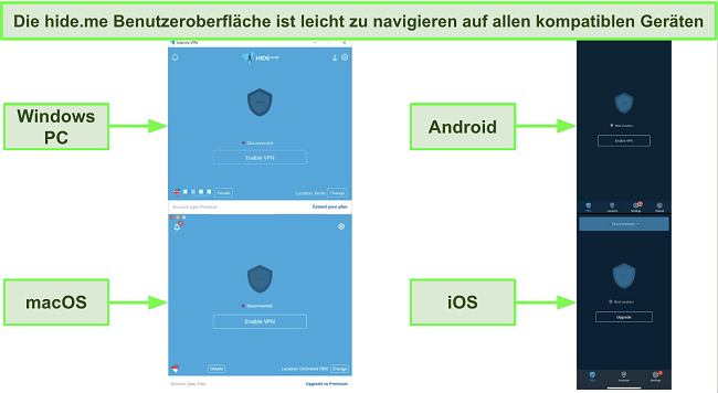 Screenshots von hide.mes App-Oberfläche auf Windows, Android, macOS und iOS