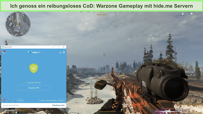 Screenshot des Call of Duty: Warzone Gameplays mit einer hide.me Serververbindung