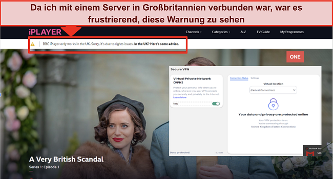 Screenshot zeigt, dass BBC iPlayer blockiert war, als ich McAfee Safe Connect VPN verwendete