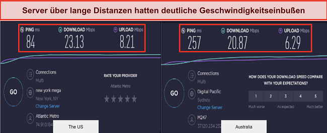 Screenshot der Geschwindigkeitstestergebnisse von McAfee Safe Connect VPN in den USA und Australien