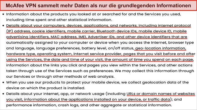 Screenshot eines Abschnitts aus McAfees Datenschutzrichtlinie
