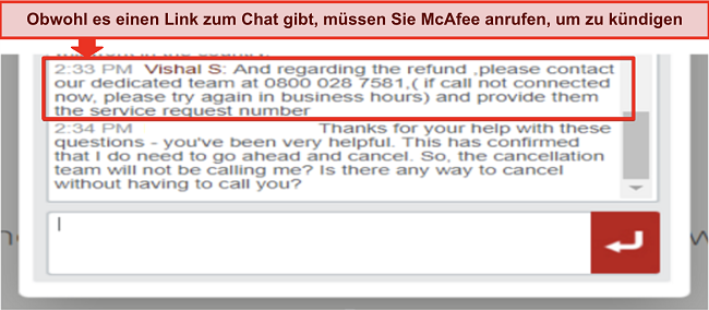 Screenshot meiner Interaktion mit McAfees Support bezüglich seiner Rückerstattungsrichtlinie