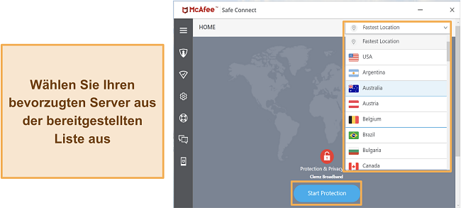 Screenshot der VPN-Verbindungs- und Serveroberfläche von McAfee