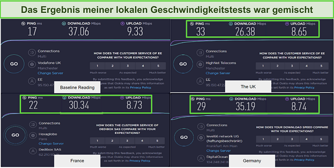 Screenshot der Geschwindigkeitstestergebnisse von McAfee Safe Connect VPN in Großbritannien, Frankreich und Deutschland