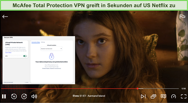 Screenshot von Aarmand Island, das auf Netflix läuft, während McAfee Safe Connect VPN mit einem Server in den USA verbunden ist