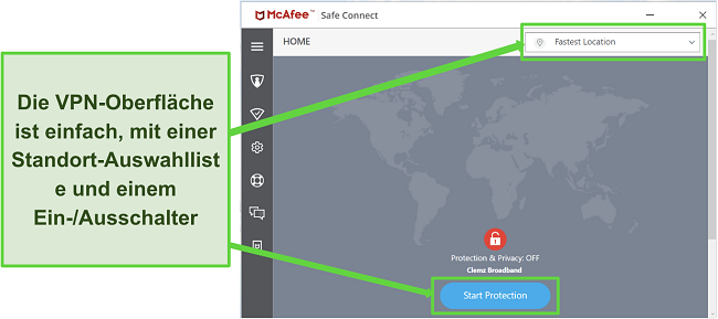 Screenshot der VPN-Benutzeroberfläche von McAfee