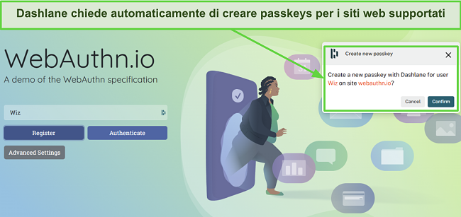 Screenshot di Dashlane che chiede di creare una chiave di accesso per webauthn.io