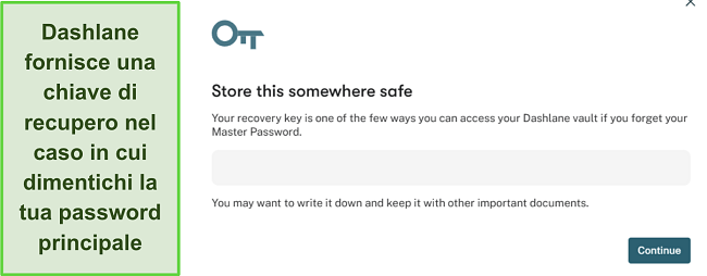 Screenshot che mostra la funzione di chiave di recupero di Dashlane