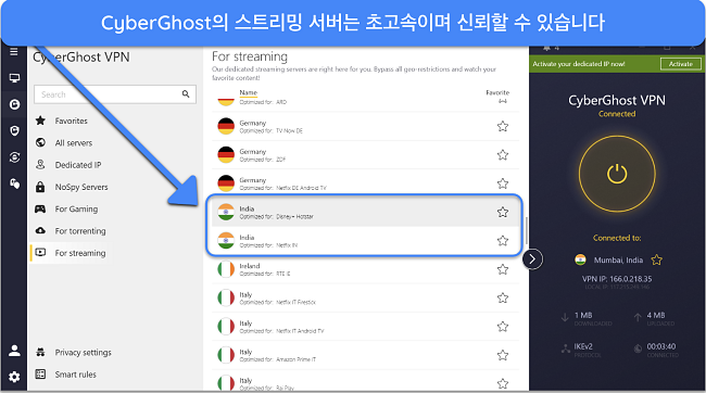Screenshot of CyberGhost's streaming servers for Netflix India and Disney+ Hotstar