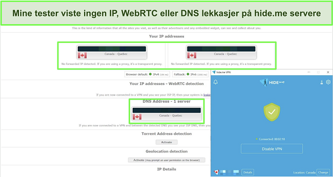 Skjermbilde av IP- og DNS-lekkasjetest utført på en hide.me-server