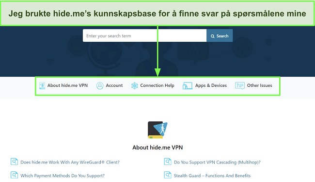 Skjermbilde av hide.me sin Knowledge Base-side