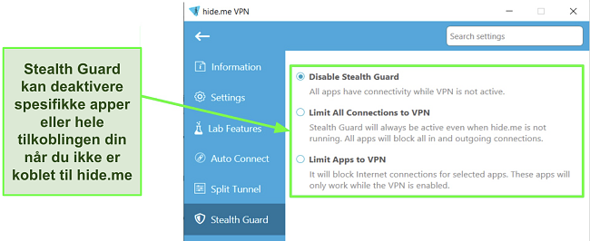 Skjermbilde av Stealth Guard-innstillinger i hide.me's Windows-app