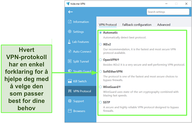 Skjermbilde av hide.me's VPN-protokolliste