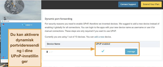 Skjermbilde av hide.me's innstillinger for dynamisk port-videresending