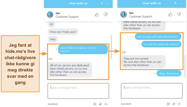 Skjermbilder av en live chat-samtale med en hide.me-agent