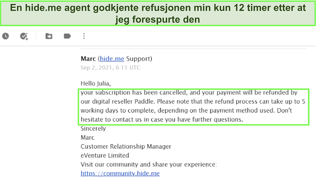 Skjermbilde av en e-post som godkjenner en refusjon fra hide.me