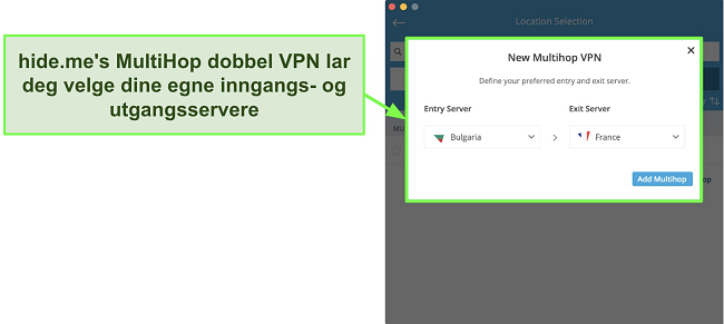 Skjermbilde av opprettelse av en Multihop dobbelt VPN-tilkobling på hide.me's MacOS-app