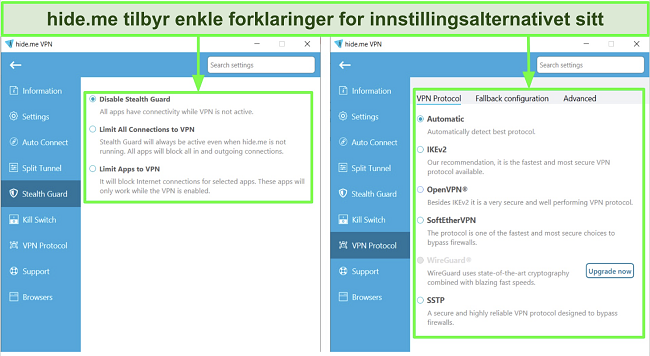 Skjermbilde av hide.me's innstillinger