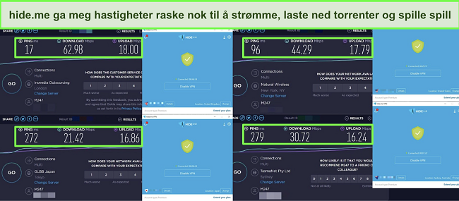 Skjermbilder av hastighetstester utført på 4 hide.me servere