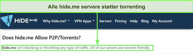 Skjermbilde av hide.me's FAQ som bekrefter at VPNen støtter torrenting