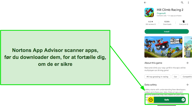 Skærmbillede af Nortons App Advisor, der fremhæver, at en app er sikker