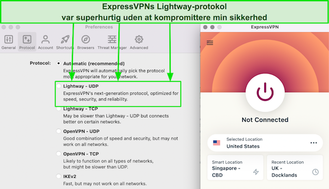 Skærmbillede af ExpressVPNs protokolliste